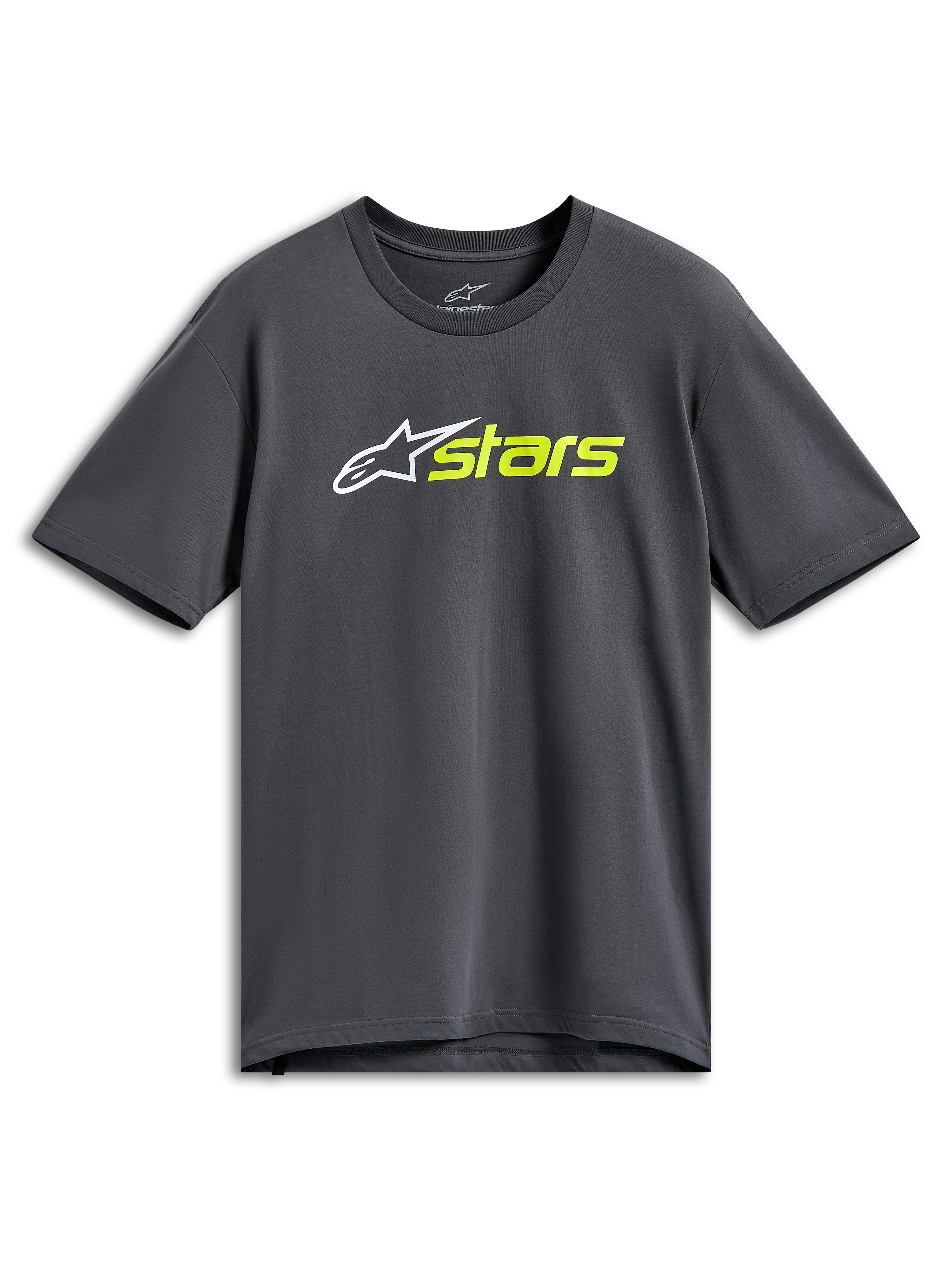Alpinestars Blaze 2.0 CSF Tee, Short Sleeve T-Shirt, Charcoal Gray, White Star Logo with Hi-Vis Yellow Stars Text, Casual Motorsport Streetwear