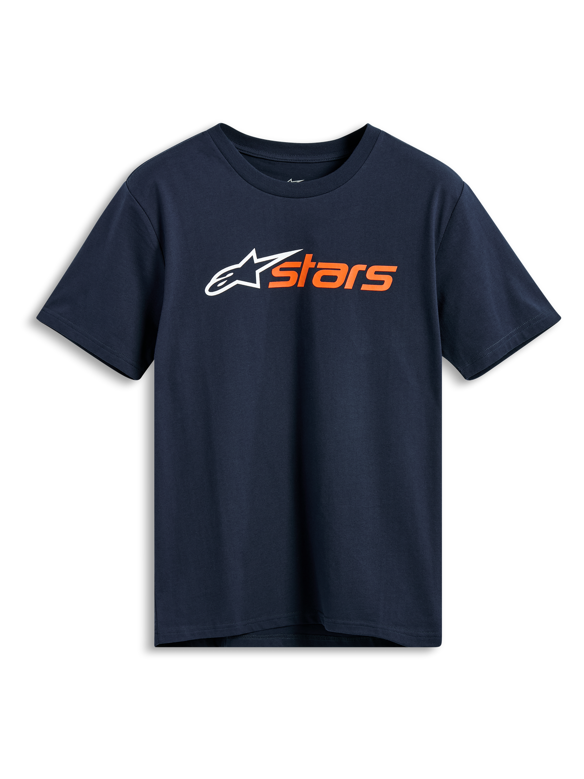 Alpinestars Blaze 2.0 CSF Tee, kortärmad t-shirt, marinblå, vit Alpinestars-logotyp och orange 'stars'-grafik på bröstet, avslappnade motorsportkläder