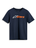 Alpinestars Blaze 2.0 CSF Tee, Short Sleeve T-Shirt, Navy Blue, White Alpinestars logo and orange 'stars' graphic on the chest, Casual Motorsport Sportswear