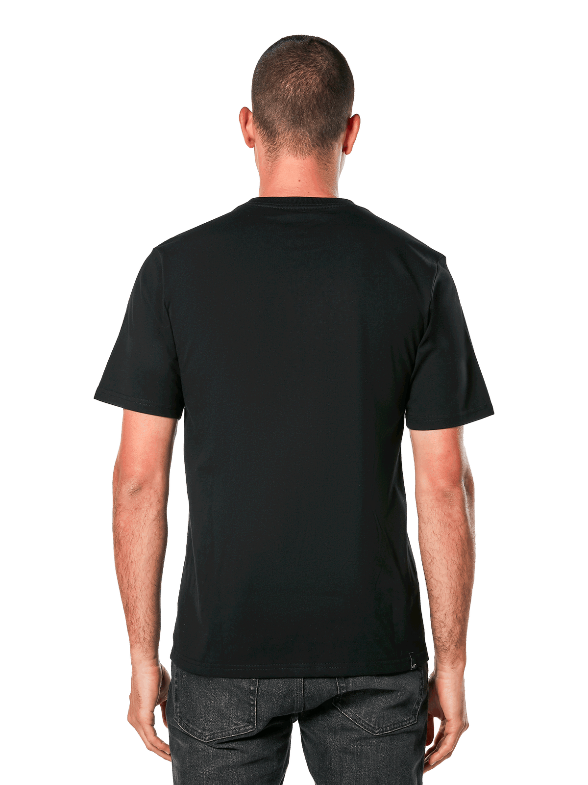 Alpinestars Ride 4.0 CSF T-shirt, baksida, svart kortärmad t-shirt, casual motorsportinspirerade sportkläder, bärs av en man med mörka jeans