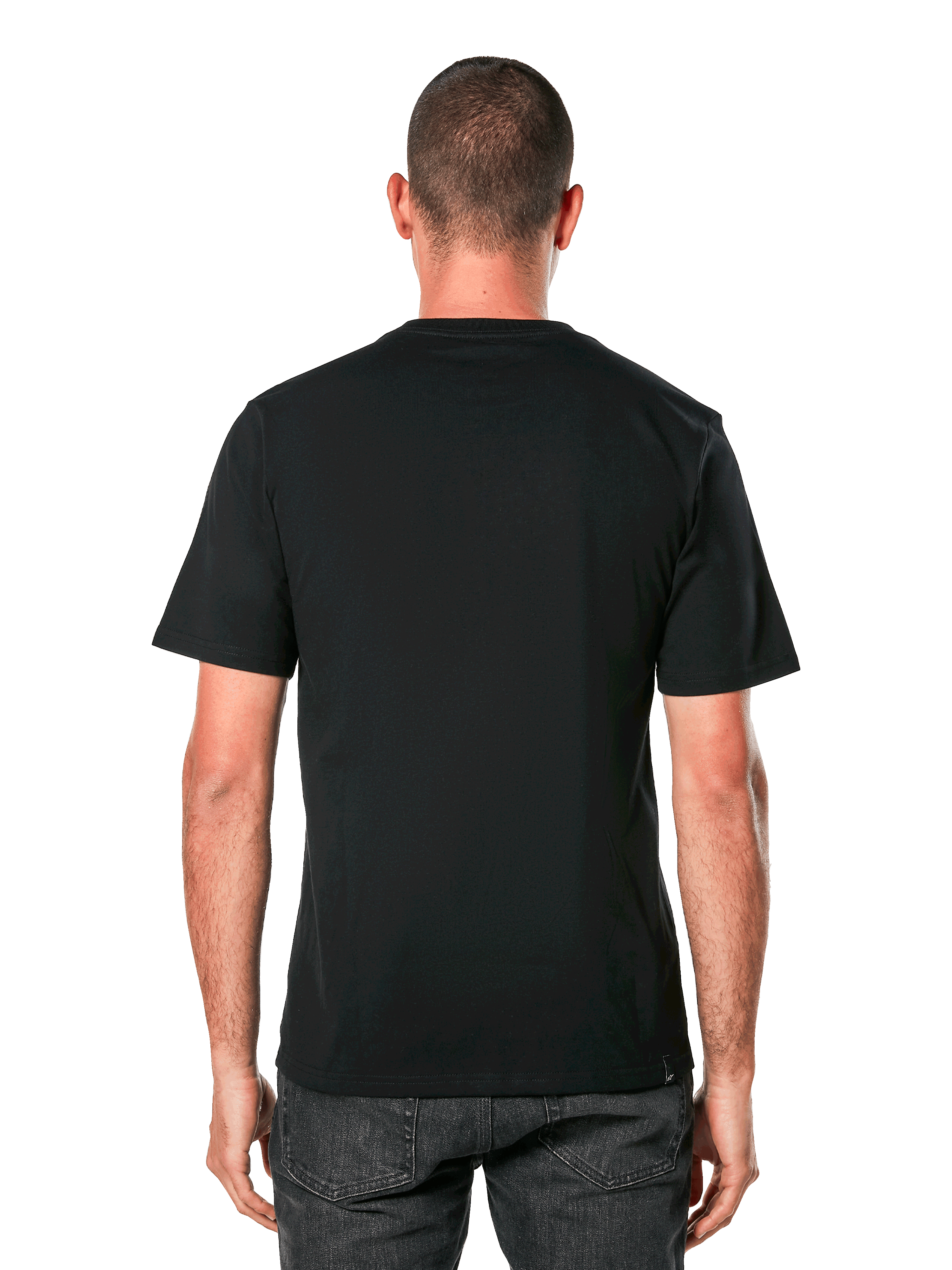 Alpinestars Ride 4.0 CSF T-shirt, baksida, svart kortärmad t-shirt, casual motorsportinspirerade sportkläder, bärs av en man med mörka jeans