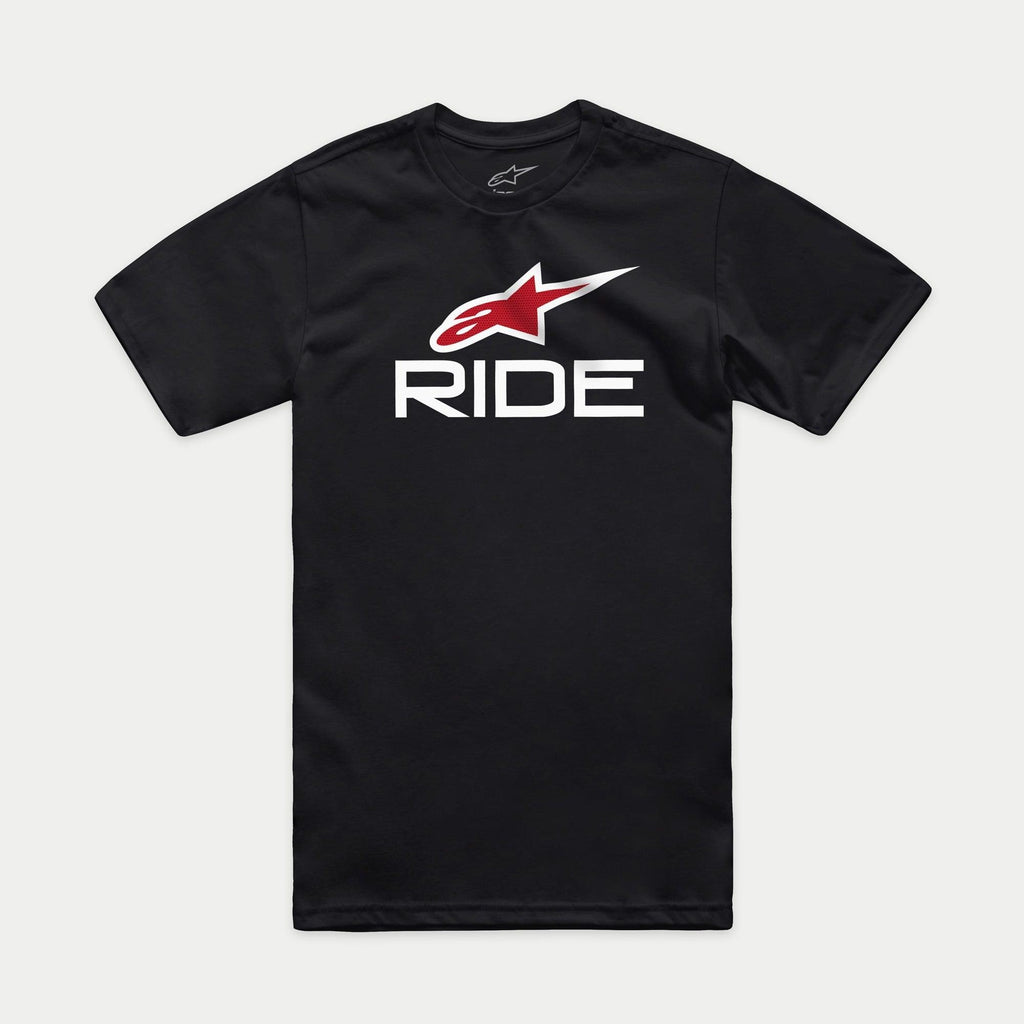 Alpinestars Ride 4.0 CSF Tee, kortärmad t-shirt, svart, röd Alpinestars-logotyp och vit RIDE-text, casual motorsport-streetwear
