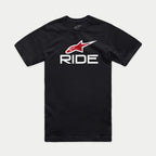 Alpinestars Ride 4.0 CSF Tee, kortärmad t-shirt, svart, röd Alpinestars-logotyp och vit RIDE-text, casual motorsport-streetwear