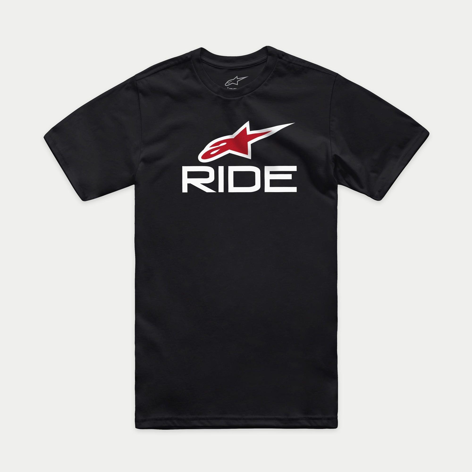 Alpinestars Ride 4.0 CSF Tee, kortärmad t-shirt, svart, röd Alpinestars-logotyp och vit RIDE-text, casual motorsport-streetwear