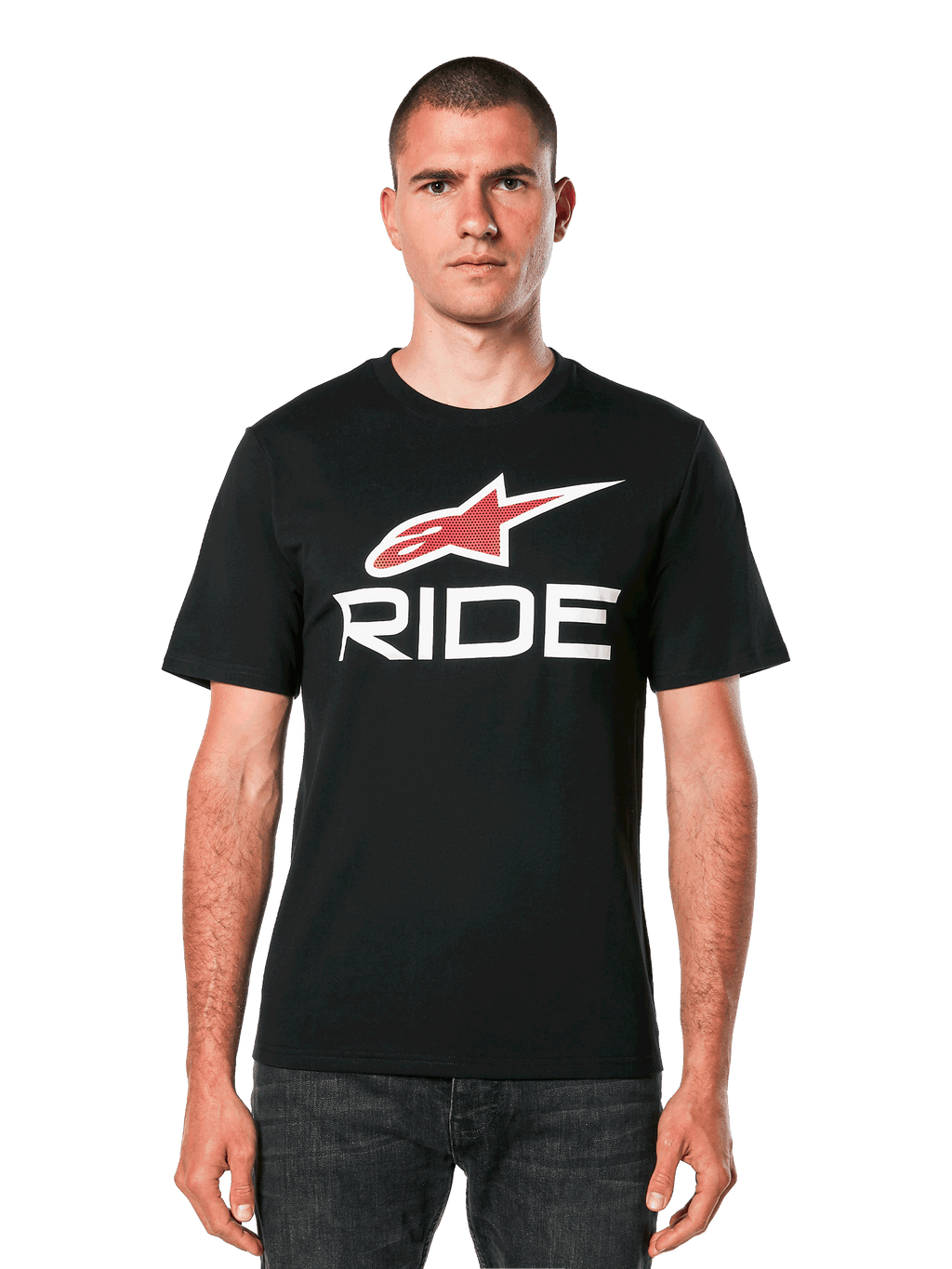 Alpinestars Ride 4.0 CSF Tee, svart kortärmad t-shirt med röd stjärnlogotyp och vit RIDE-textgrafik, vardagliga motorsportkläder för herrar