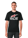Alpinestars Ride 4.0 CSF Tee, svart kortärmad t-shirt med röd stjärnlogotyp och vit RIDE-textgrafik, vardagliga motorsportkläder för herrar