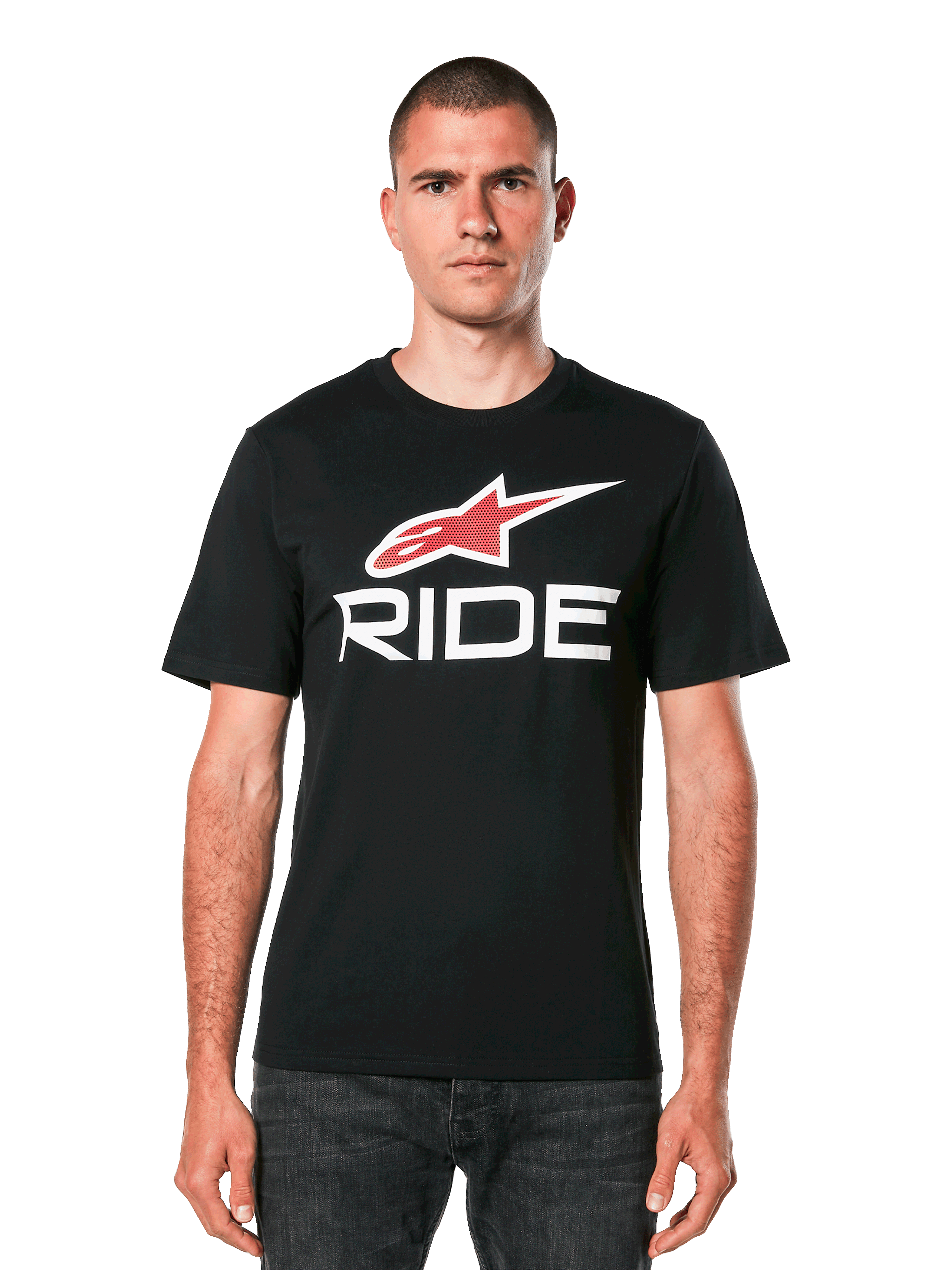Alpinestars Ride 4.0 CSF Tee, svart kortärmad t-shirt med röd stjärnlogotyp och vit RIDE-textgrafik, vardagliga motorsportkläder för herrar
