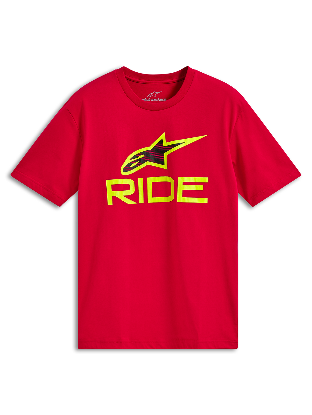 Alpinestars Ride 4.0 CSF Tee, kortärmad t-shirt, röd, hi-vis gul RIDE-text och A-star-logotyp, casual motorsport-sportkläder