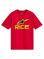 Alpinestars Ride 4.0 CSF Tee, kortärmad t-shirt, röd, hi-vis gul RIDE-text och A-star-logotyp, casual motorsport-sportkläder