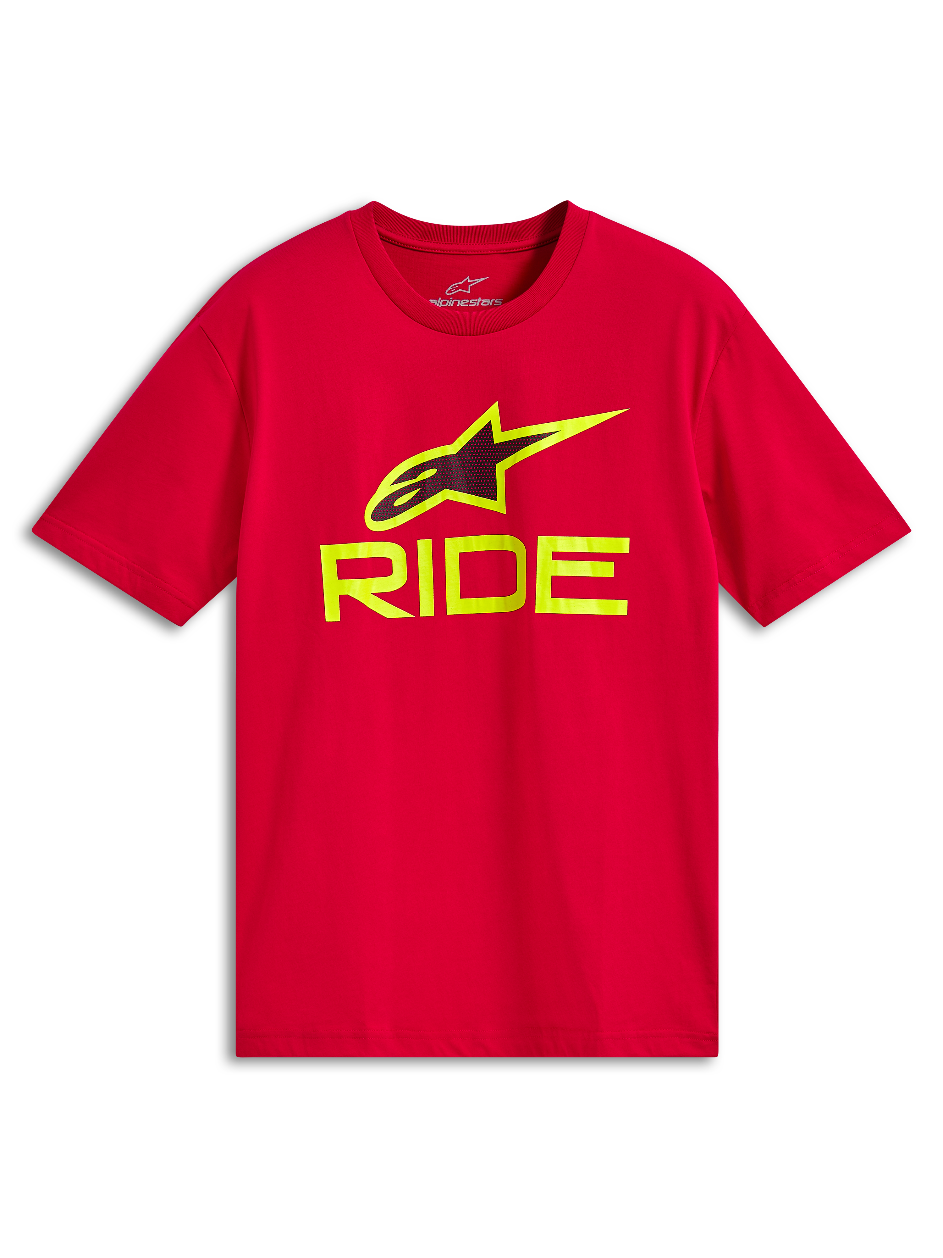 Alpinestars Ride 4.0 CSF Tee, kortärmad t-shirt, röd, hi-vis gul RIDE-text och A-star-logotyp, casual motorsport-sportkläder