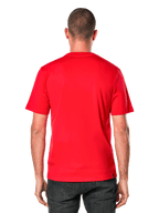 Alpinestars Ride 4.0 CSF Tee, Short Sleeve T-Shirt, Red, back view on model, bright red fabric with a small black brand tag at the hem, casual motorsport streetwear