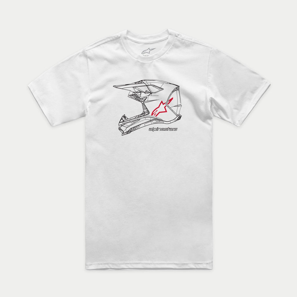 Alpinestars MX Helmet CSF Tee, Short Sleeve T-Shirt, White, Front Black Motocross Helmet Graphic with Red Star Logo and Alpinestars Wordmark, Casual Motorsport-Inspired Sportswear