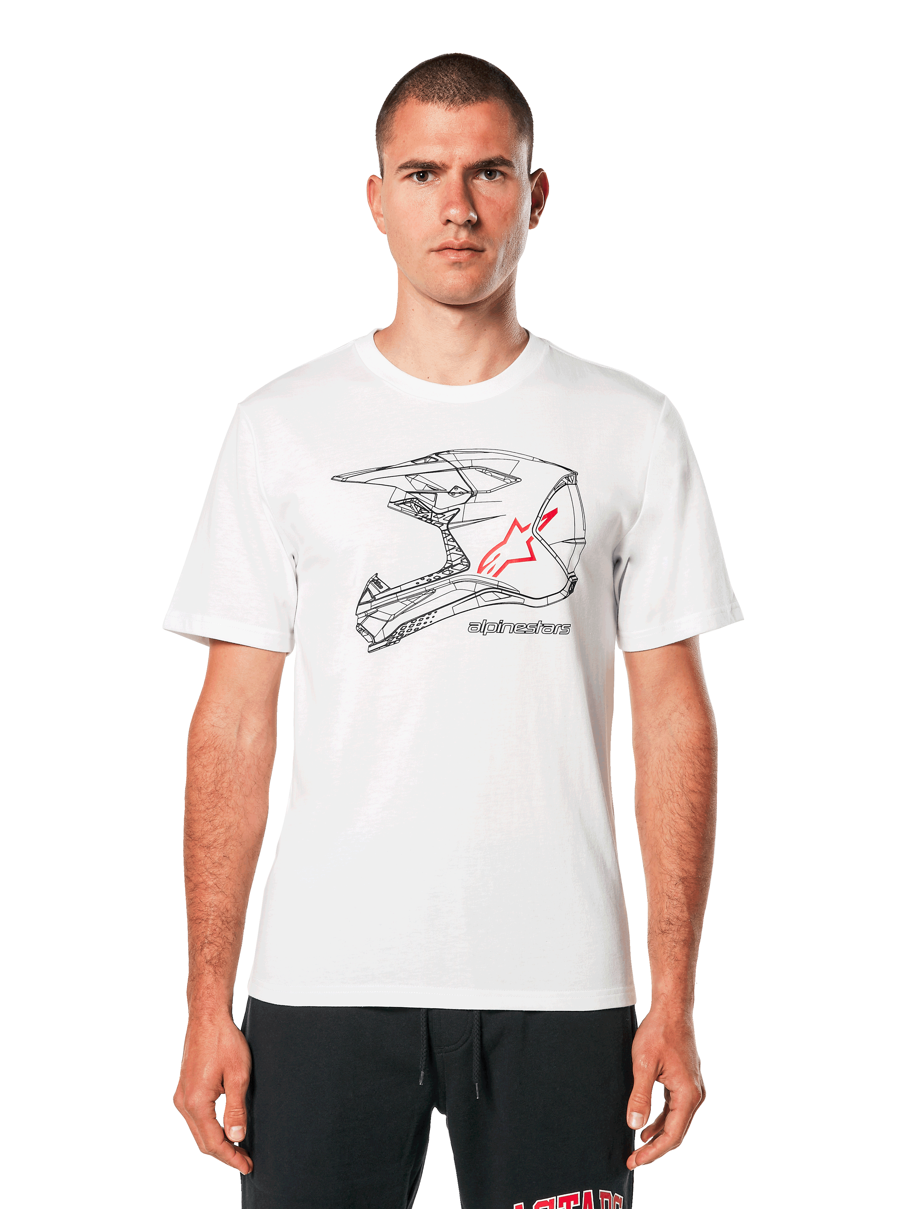 Alpinestars MX Helmet CSF Tee, vit kortärmad t-shirt, svart wireframe-grafik av en motocrosshjälm med röd stjärnlogotyp, vardaglig motorsportinspirerad streetwear, bärs av en modell