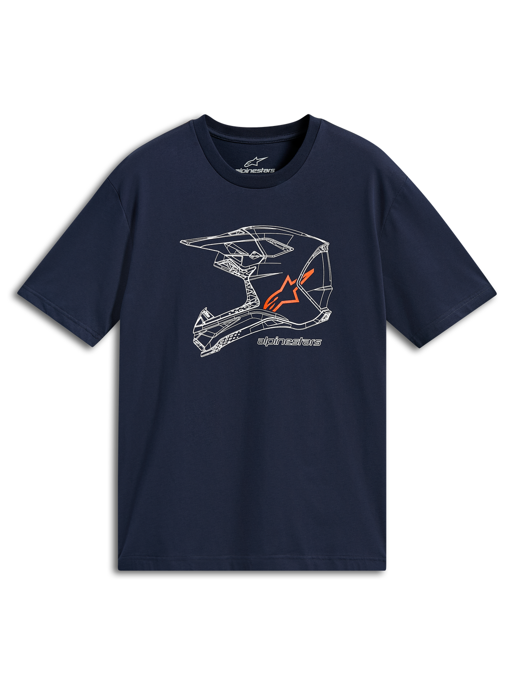 Alpinestars MX Helmet CSF Tee, kortärmad t-shirt, marinblå, vit linjekonstgrafik av en MX-hjälm med orange logotyp, vardagliga motorsportkläder