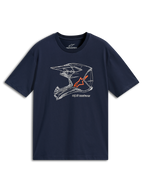Alpinestars MX Helmet CSF Tee, kortärmad t-shirt, marinblå, vit linjekonstgrafik av en MX-hjälm med orange logotyp, vardagliga motorsportkläder