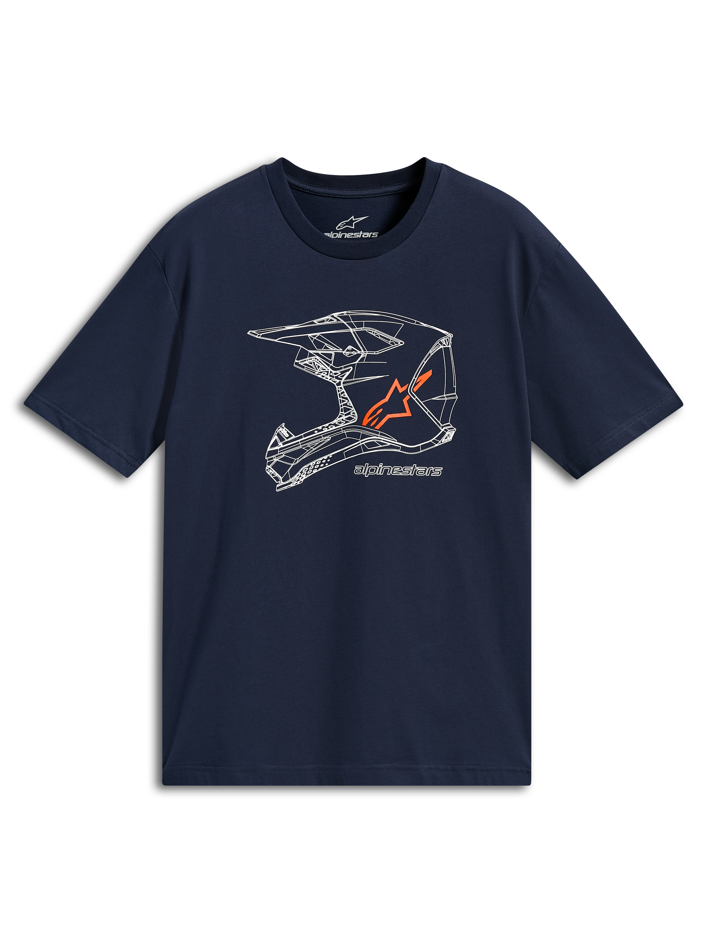 Alpinestars MX Helmet CSF Tee, kortärmad t-shirt, marinblå, vit linjekonstgrafik av en MX-hjälm med orange logotyp, vardagliga motorsportkläder