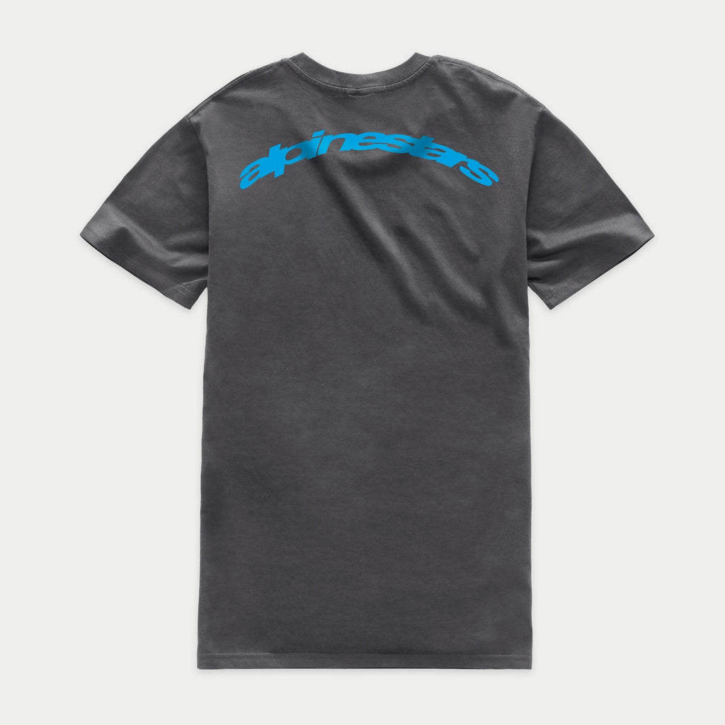 Alpinestars Horizon CSF Tee, Short Sleeve T-Shirt, Charcoal Gray, back view with blue arc Alpinestars wordmark across the shoulders, casual sportswear