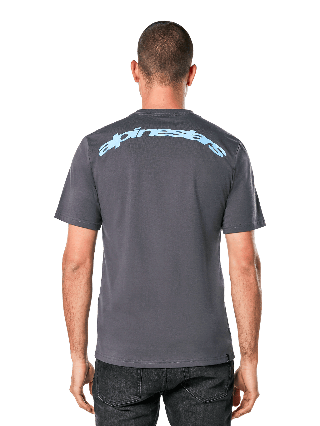 Alpinestars Horizon CSF Tee, Short Sleeve T-Shirt, Charcoal Gray, Back view featuring a light blue Alpinestars arc wordmark, Casual Sportswear