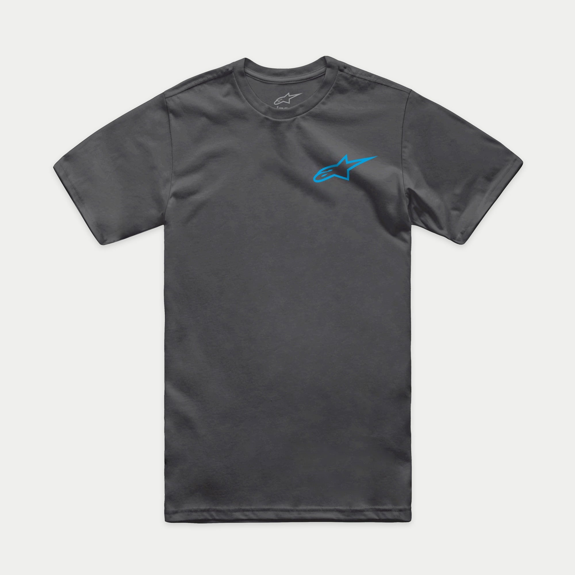 Alpinestars Horizon CSF Tee, Short Sleeve T-Shirt, Charcoal Gray with Blue Alpinestars Ageless Logo, Casual Motorsport Sportswear
