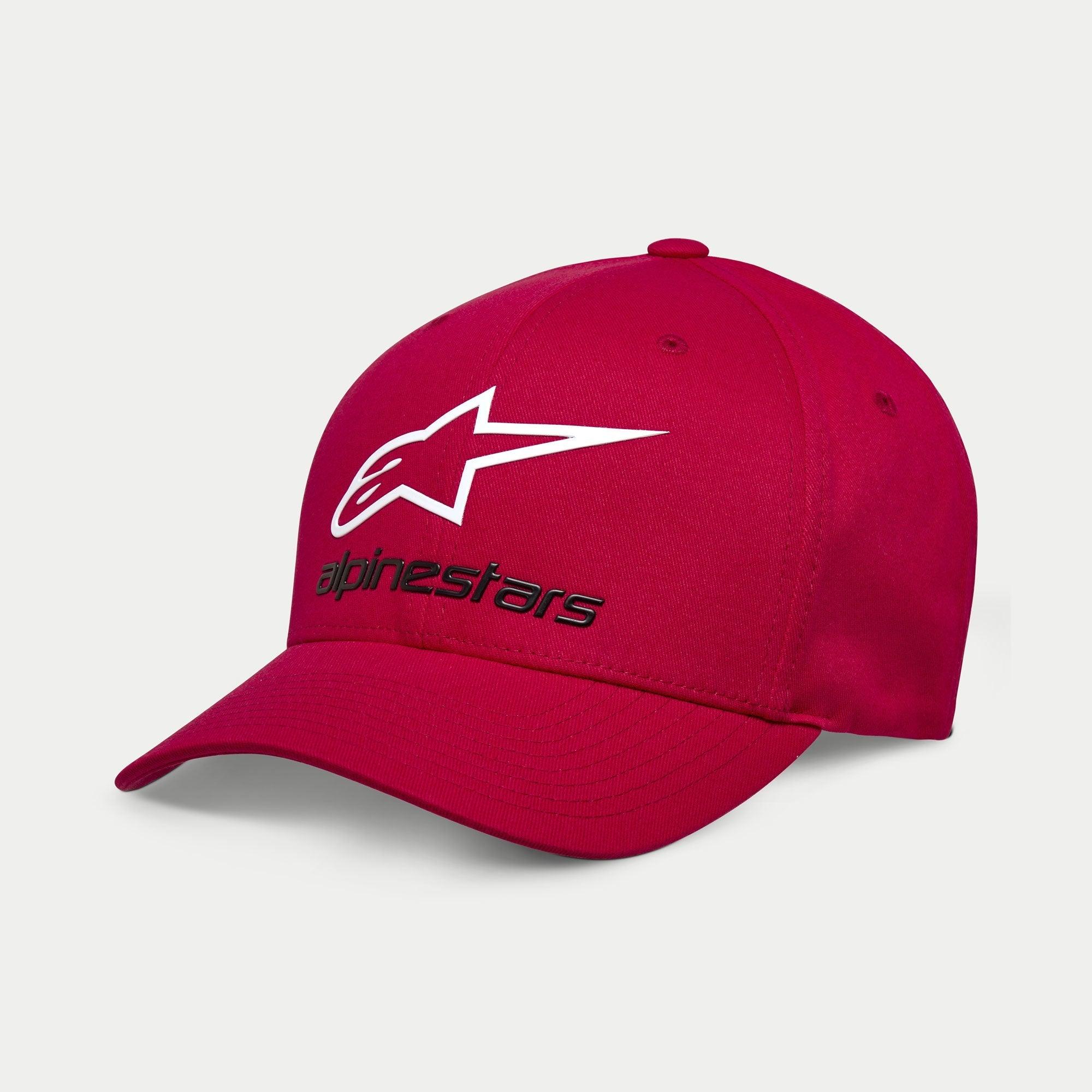 Alpinestars Always 2.0 keps, sportkeps, röd, vit kontur av stjärnlogotyp med svart Alpinestars-text, böjd skärm med strukturerad krona, vardaglig motorsport-streetwear