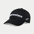 Alpinestars Linear Wordmark 2.0 Keps, svart och vit, med böjd skärm och strukturerad krona, 3D-broderad Linear-logga framtill och stjärnlogotyp på sidan, avslappnad motorsport-inspirerad huvudbonad