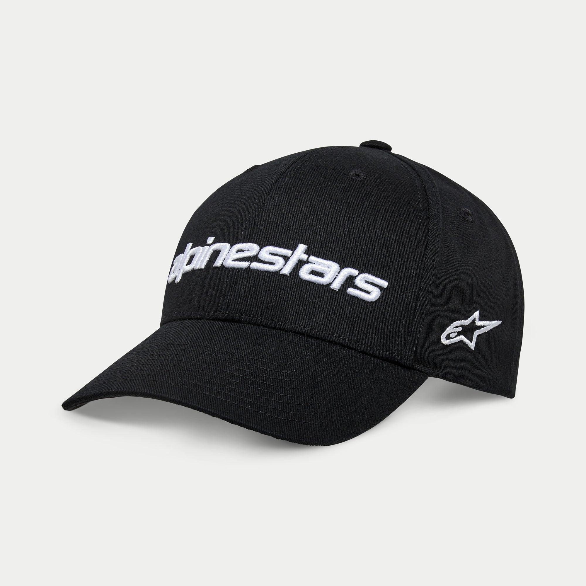 Alpinestars Linear Wordmark 2.0 Keps, svart och vit, med böjd skärm och strukturerad krona, 3D-broderad Linear-logga framtill och stjärnlogotyp på sidan, avslappnad motorsport-inspirerad huvudbonad