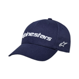 Alpinestars Linear Wordmark 2.0 Hat, Navy Blue with White 3D Embroidered Logo, Curved Bill, Structured Crown, Side Star Logo, Cotton Twill Sportswear Cap