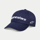 Alpinestars Linear Wordmark 2.0 Hat, Navy Blue with White embroidery, curved bill snapback featuring 3D Alpinestars wordmark and side Ageless star logo, casual sportswear
