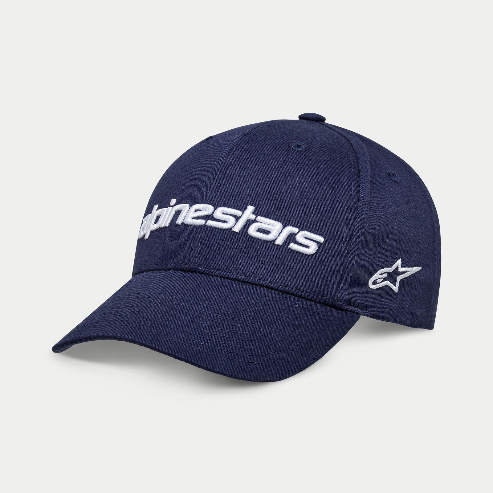 Alpinestars Linear Wordmark 2.0 Hat, Navy Blue with White embroidery, curved bill snapback featuring 3D Alpinestars wordmark and side Ageless star logo, casual sportswear