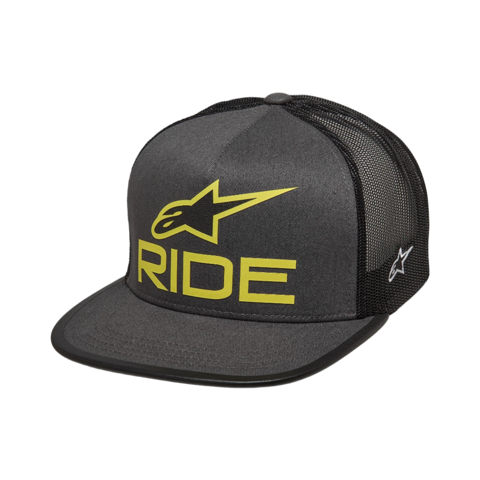 Alpinestars Ride 4.0 Trucker Hat, grafitgrå och svart, limegul 3D Ride-logotyp, platt skärm med baksida i mesh, Ageless-broderi på sidan, casual motorsport-streetwear