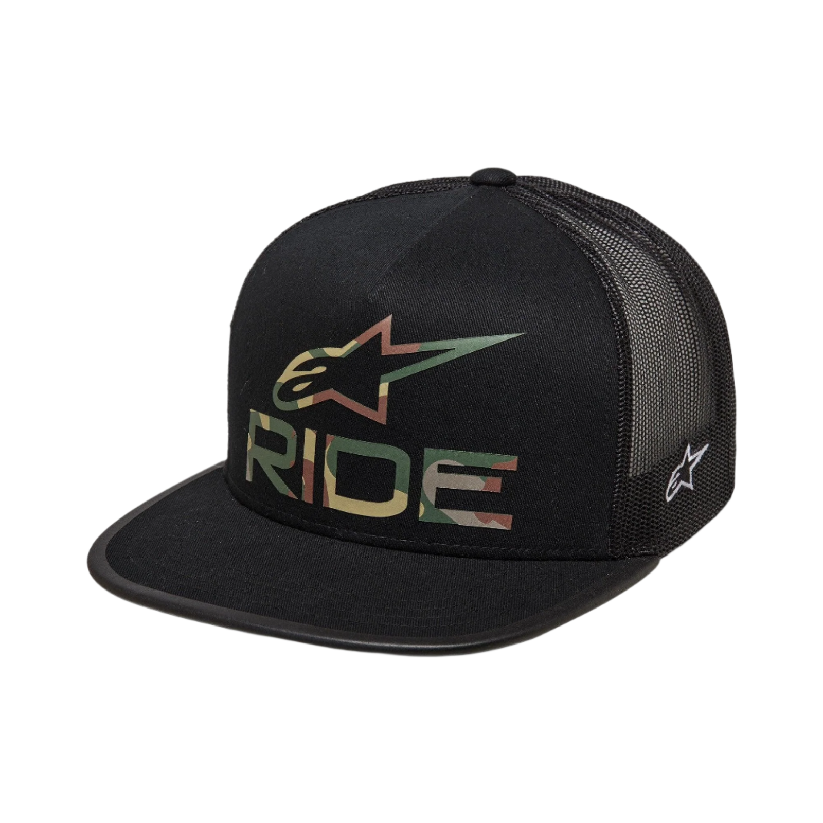 Alpinestars Ride 4.0 Camo Trucker-keps, svart, med kamouflagemönstrad Alpinestars-logotyp och RIDE-text på framsidan, platt skärm, strukturerad krona, svart nätbaksida i mesh för god ventilation, vardaglig motorsportinspirerad design
