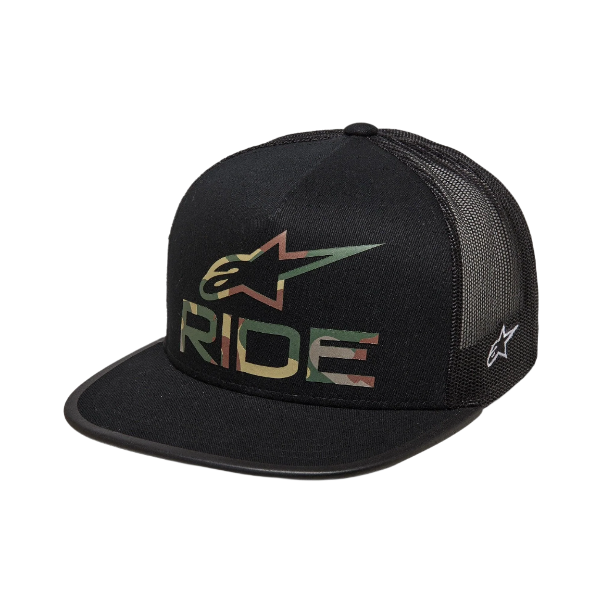 Alpinestars Ride 4.0 Camo Trucker-keps, svart, med kamouflagemönstrad Alpinestars-logotyp och RIDE-text på framsidan, platt skärm, strukturerad krona, svart nätbaksida i mesh för god ventilation, vardaglig motorsportinspirerad design