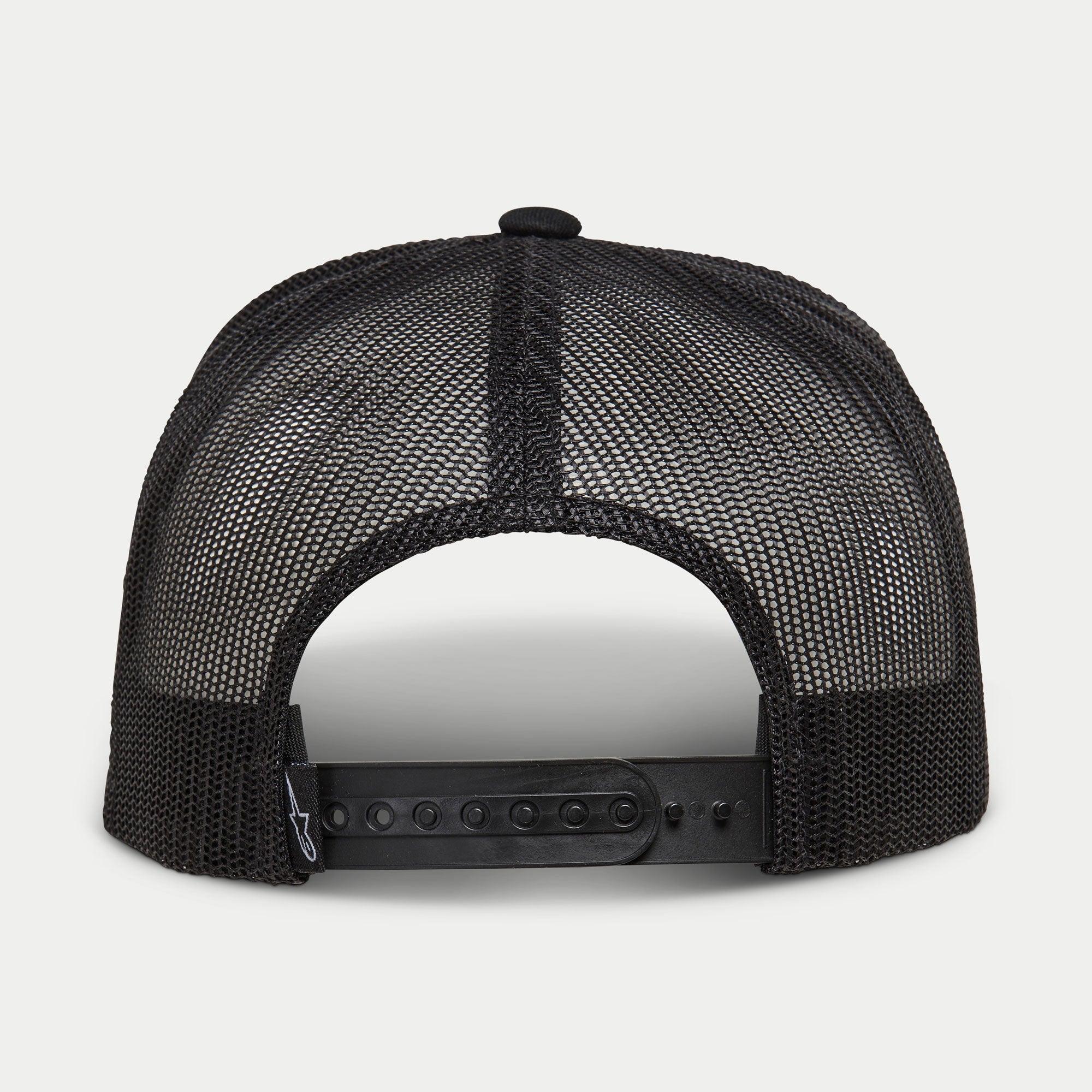 Alpinestars Ride 4.0 Camo Trucker Hat, svart, baksida som visar ventilerande nätkrona och justerbar snapback-rem i plast med en liten logotypetikett, vardaglig motorsportinspirerad huvudbonad.
