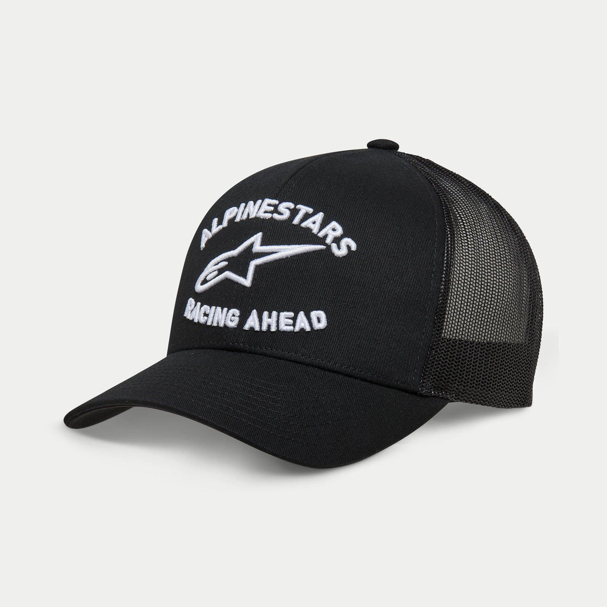 Alpinestars Triple Trucker Hat, Black Trucker Cap, Curved Bill, White 3D Embroidery with 'ALPINESTARS' and 'RACING AHEAD' Logo, Twill Front and Mesh Back Panels, Casual Motorsport Apparel