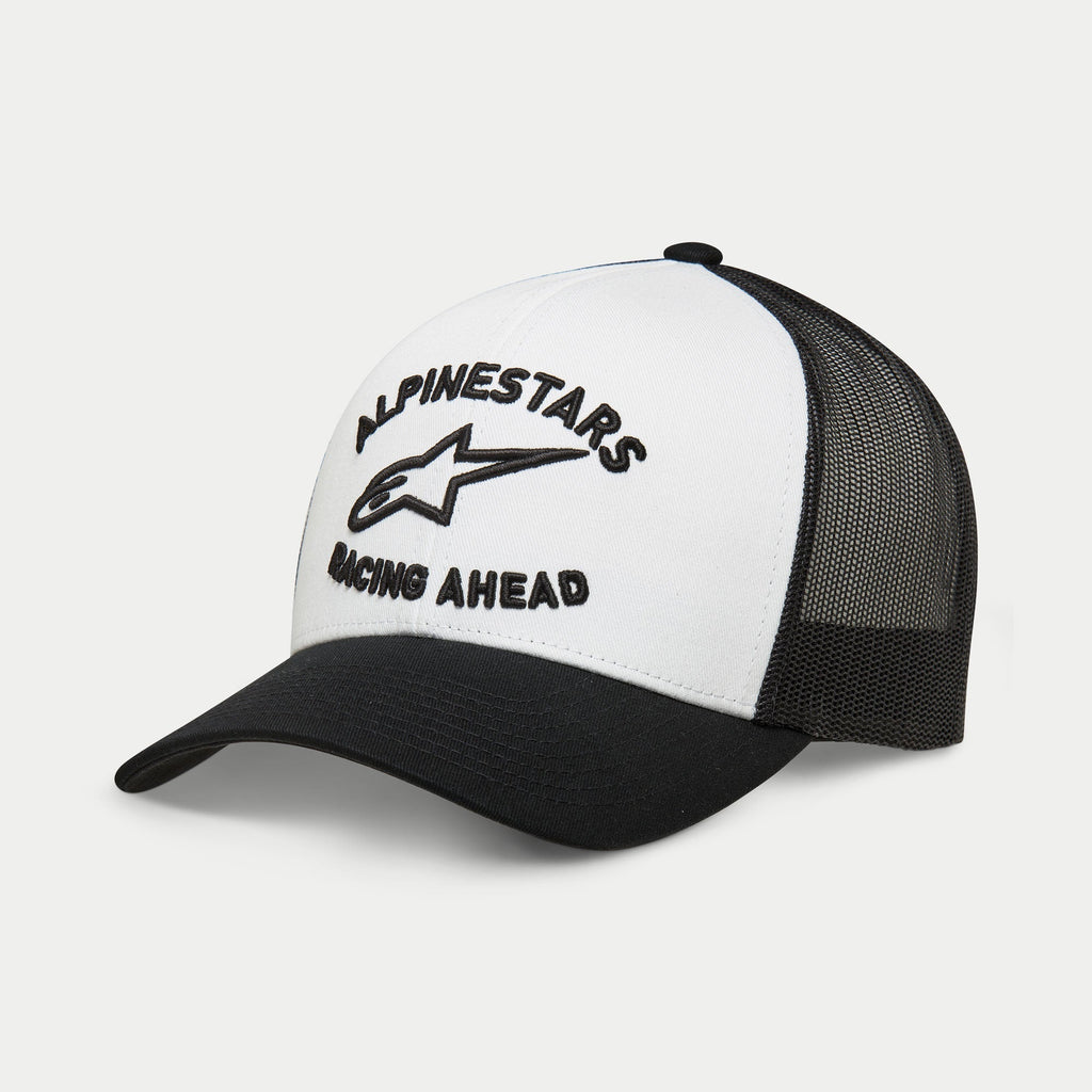 Alpinestars Triple Trucker Hat, Casual Trucker Cap, White and Black, 3D black embroidery with star logo and 'Racing Ahead' text, curved bill with mesh back, Sportswear Streetwear