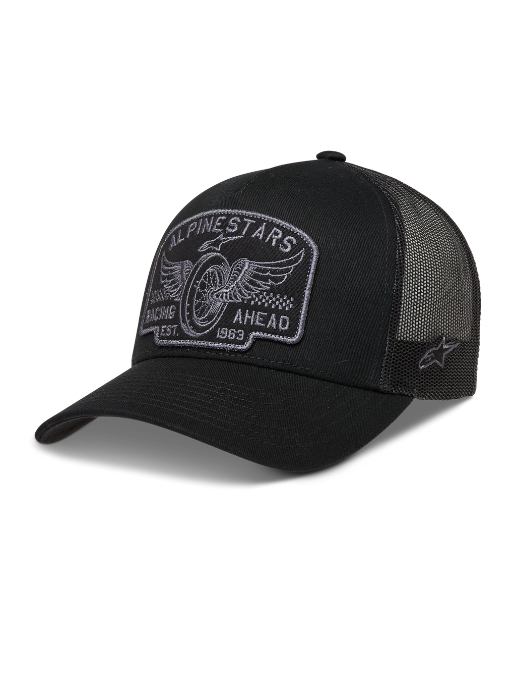 Alpinestars Heritage Patch Trucker keps, svart och grå sportkeps med meshbaksida och broderad racing-patch.