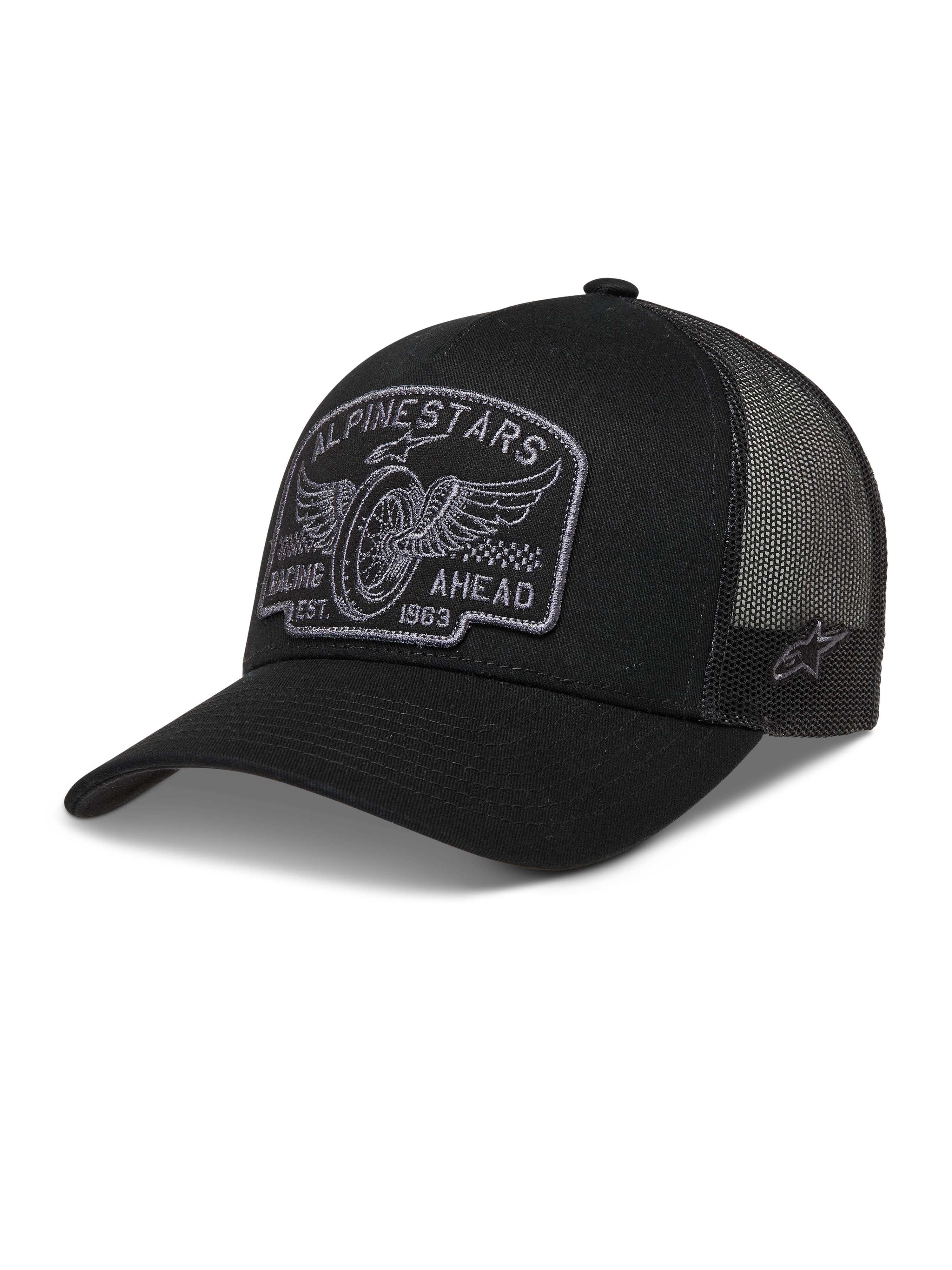 Alpinestars Heritage Patch Trucker keps, svart och grå sportkeps med meshbaksida och broderad racing-patch.