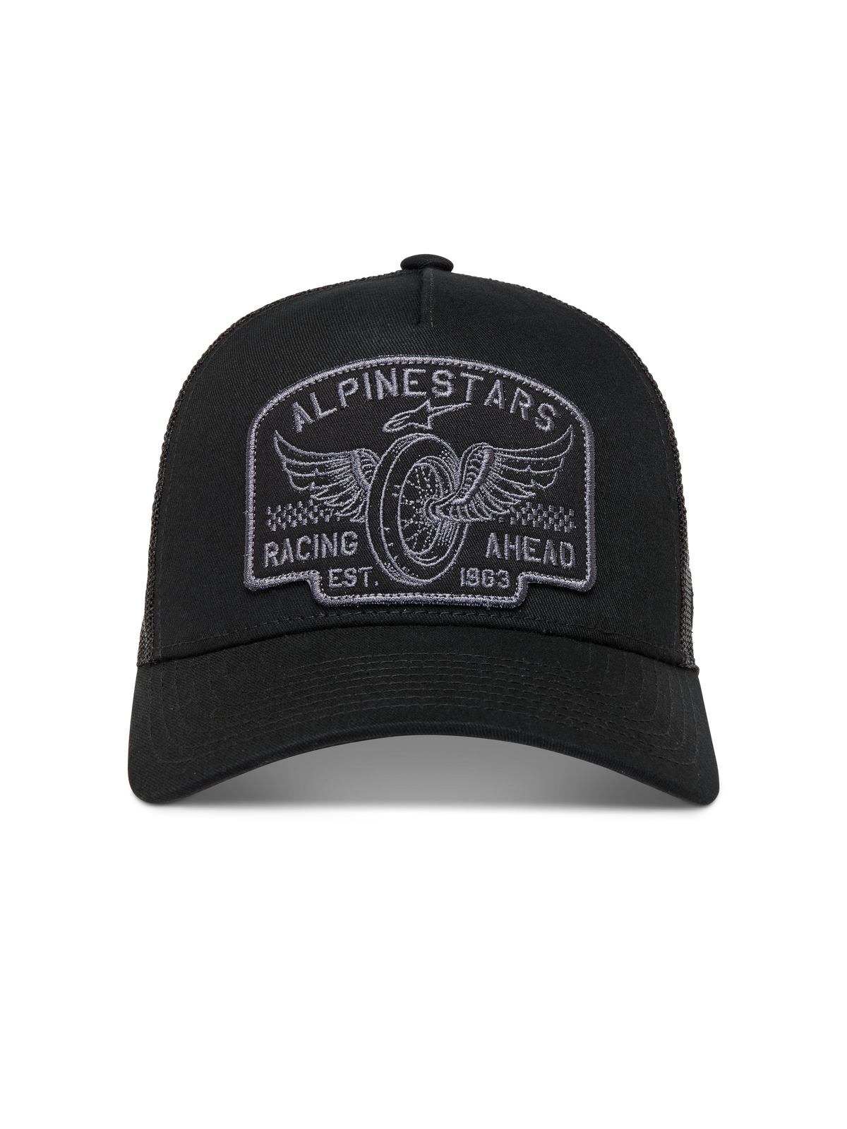 Alpinestars Heritage Patch Trucker keps, svart och grå med böjd skärm, broderad racinglogotyp och nätbaksida.