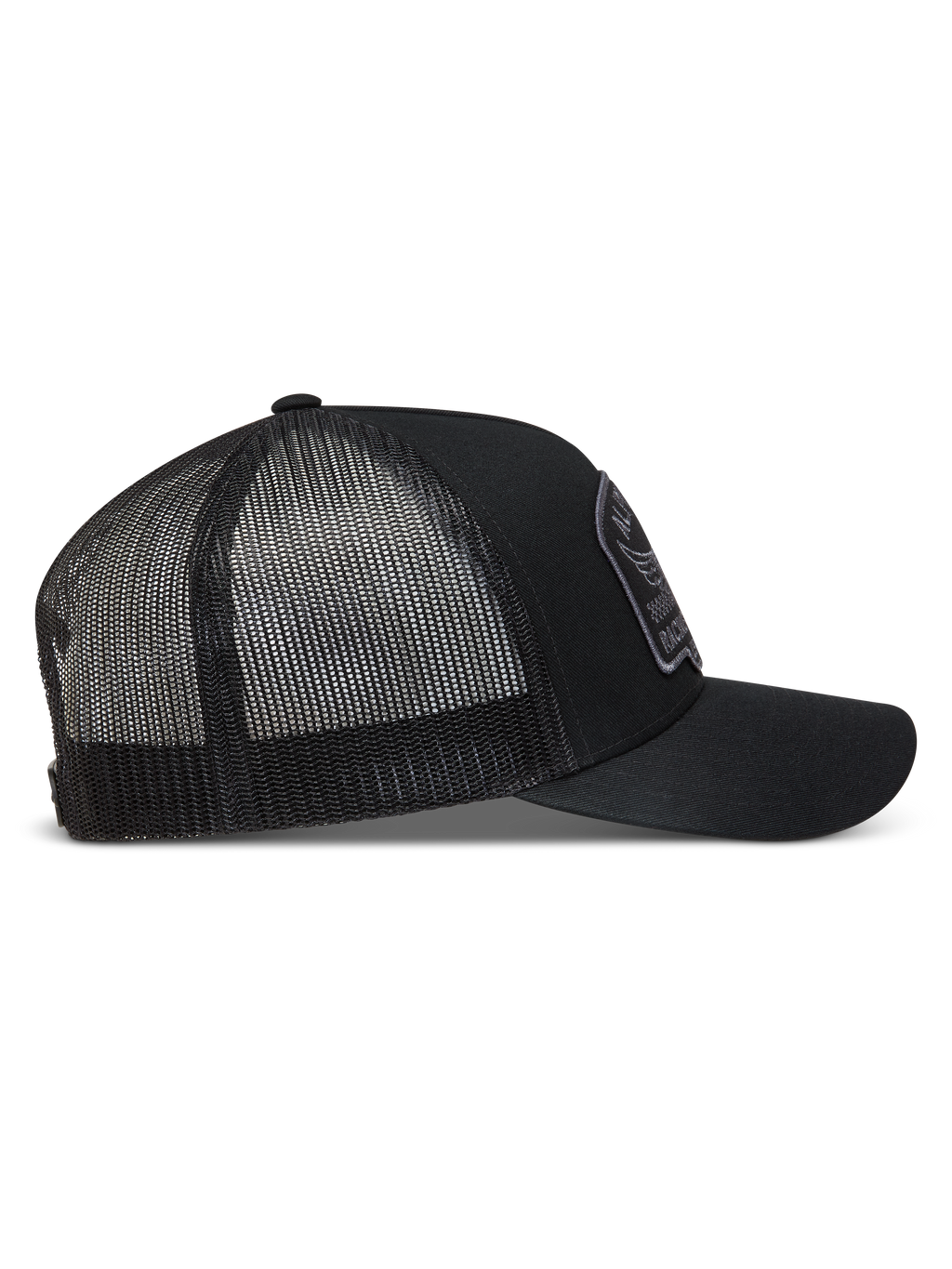 Alpinestars Heritage Patch Trucker keps, svart och grå keps i sidovy med böjd skärm och ventilerande meshbaksida