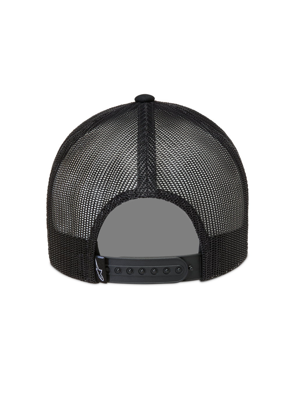 Alpinestars Heritage Patch keps, svart trucker-keps sedd bakifrån med andningsbart mesh-tyg och justerbar snapback-stängning