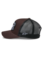 Alpinestars Heritage Patch Trucker Hat, Brown and Black, side view showing brown twill front and black mesh back, white side Ageless logo patch, structured crown and curved bill