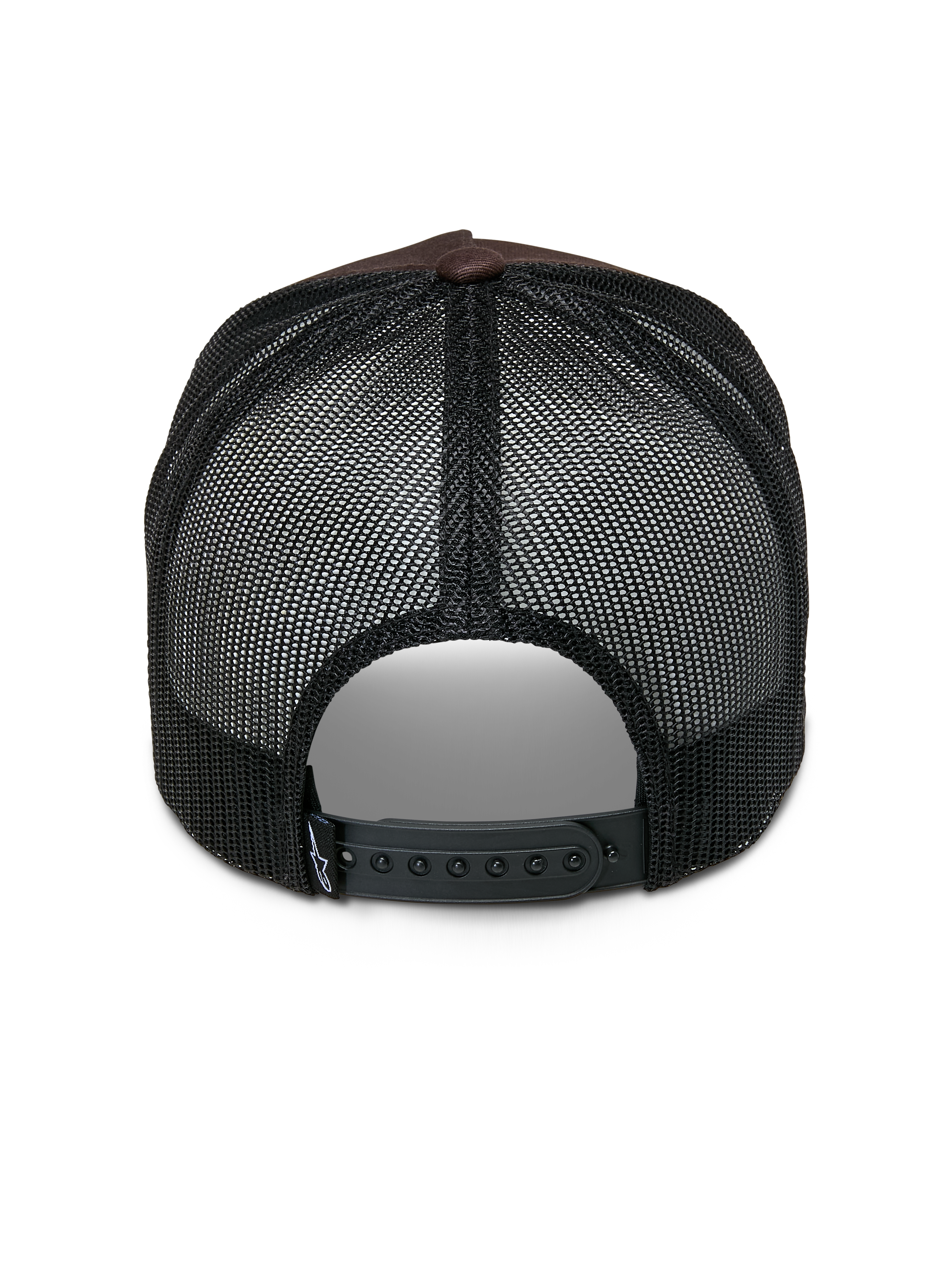 Alpinestars Heritage Patch Trucker Hat, Trucker Hat, Brown and Black, back view showing black mesh panels, adjustable snapback closure, and small white logo detail on the strap