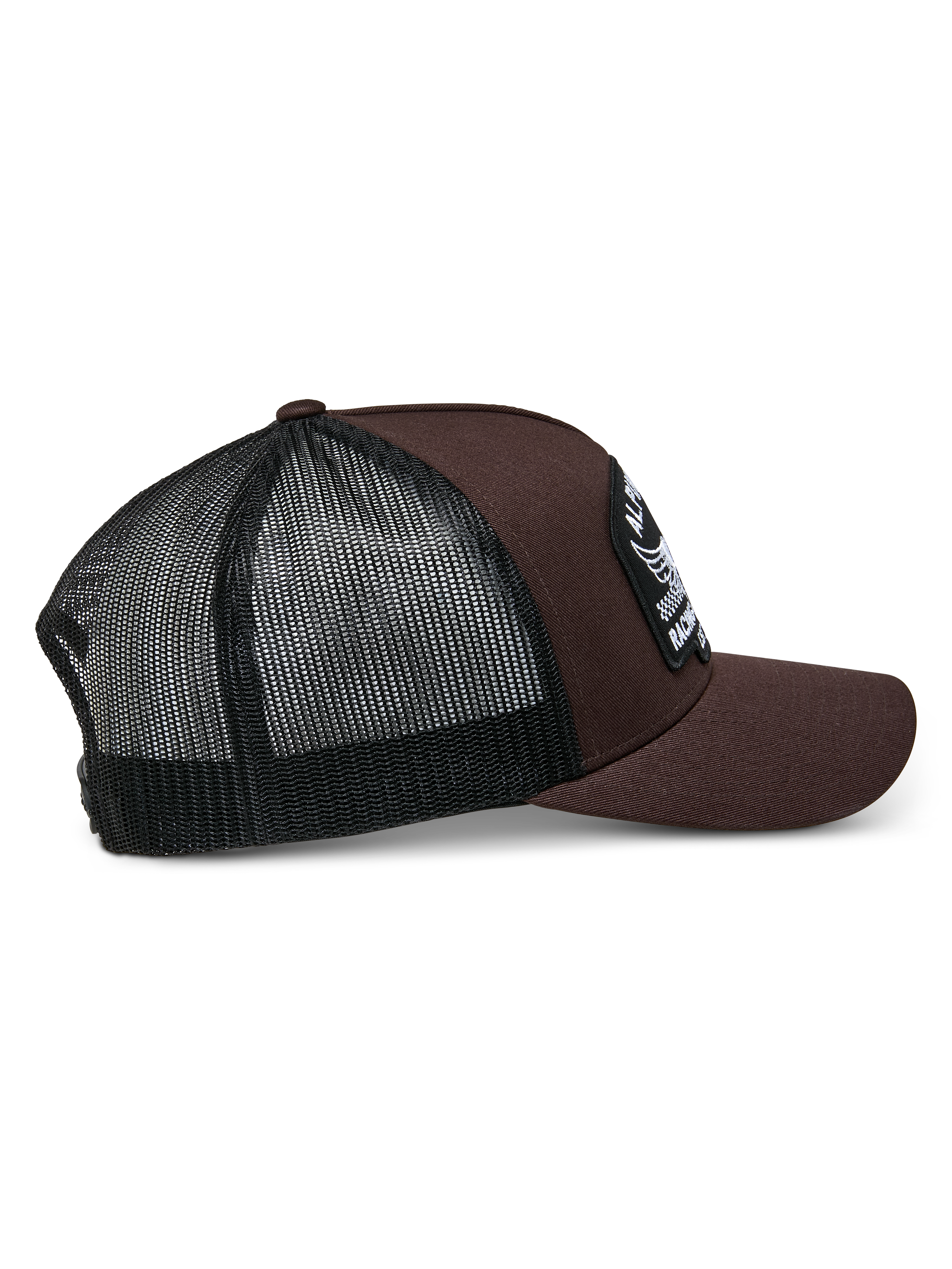 Alpinestars Heritage Patch Trucker Hat, Brown and Black, featuring a structured crown with a large embroidered patch, curved bill, and black mesh back, casual motorsport-inspired design