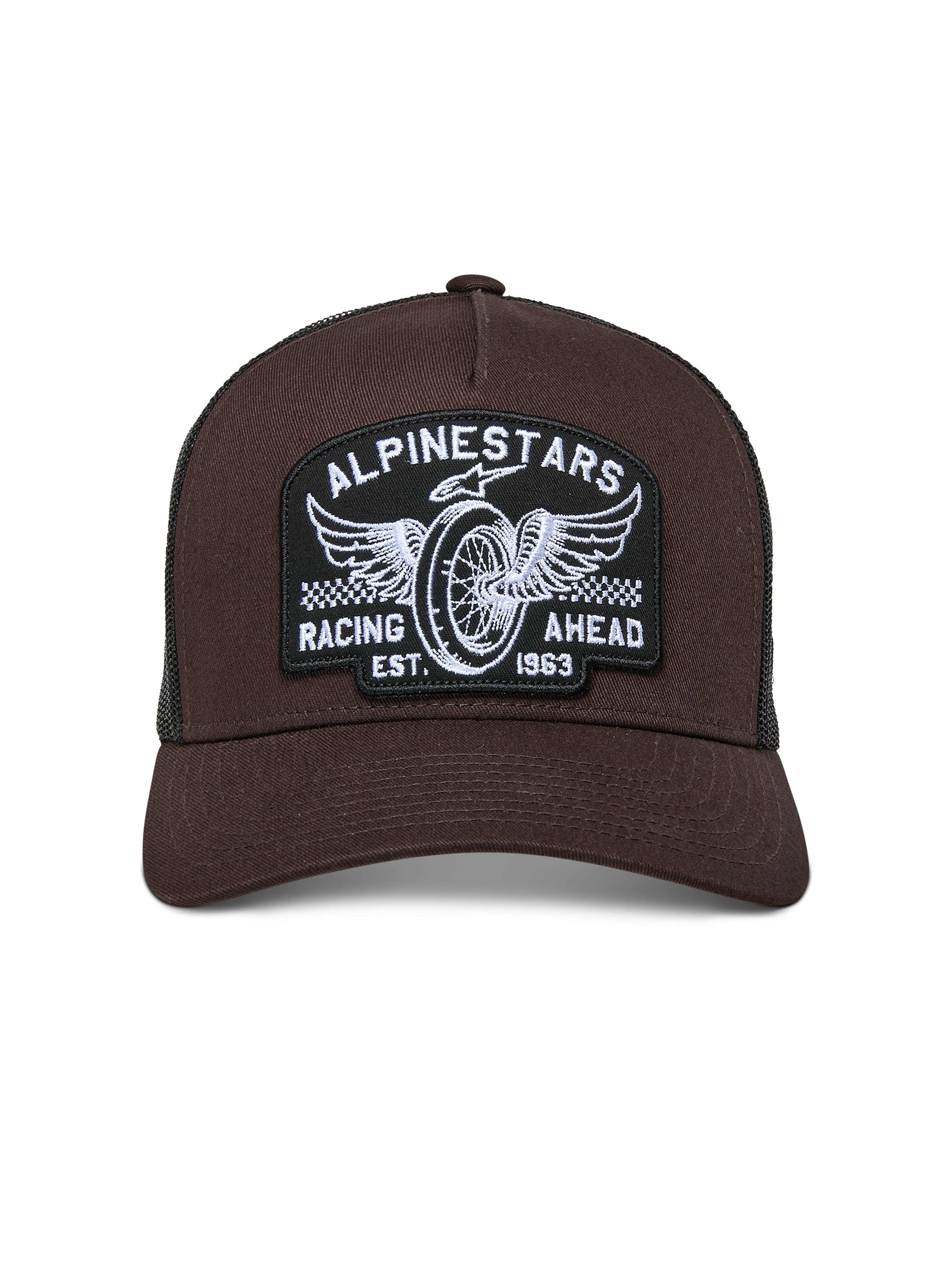 Alpinestars Heritage Patch Trucker Hat, Brown front with Black mesh back, curved bill and structured crown, large embroidered patch with winged wheel and "Racing Ahead" graphic, casual motorsport-inspired headwear