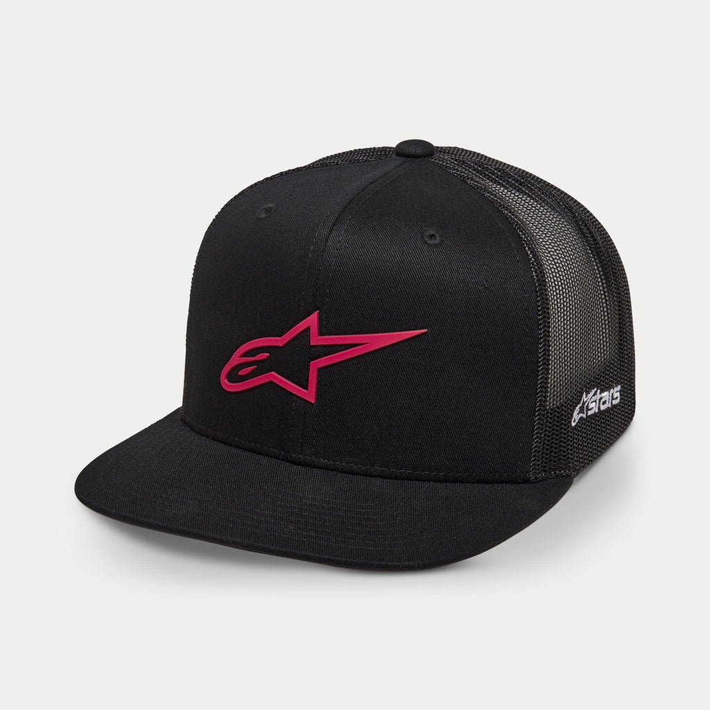 Alpinestars 3D Ageless Trucker Hat, Black and Red, featuring a red embroidered star logo on the front, black mesh back panels, flat bill, white side embroidery, casual motorsport-inspired headwear