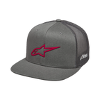 Alpinestars 3D Ageless Trucker Hat, Grey and Red, flat bill with structured crown, twill front and mesh back, featuring a bold red 3D embroidered logo on the front and white branding on the side, casual motorsport headwear