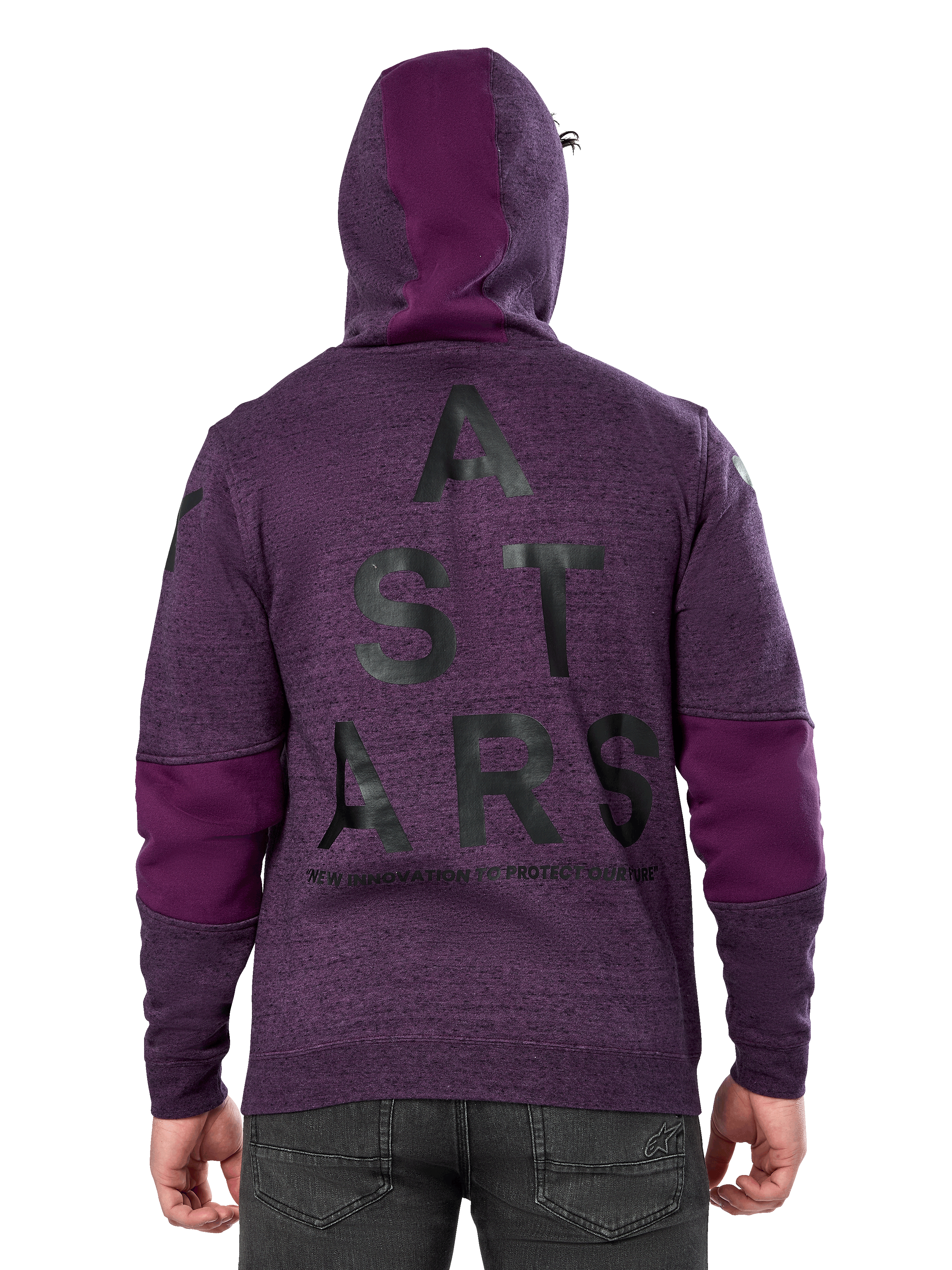Alpinestars Perpetuate Hoodie, Purple heathered pullover fleece, back view featuring large black 'ASTARS' graphic and 'NEW INNOVATION TO PROTECT OUR FUTURE' text, solid purple fabric blocking on sleeves and hood, casual motorsport-inspired design