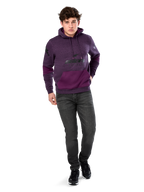 Alpinestars Perpetuate Hoodie, casual streetwear, purple heather fleece with dark purple fabric blocking on the kangaroo pocket and sleeves, black chest logo, drawstring hood, worn by model with dark grey jeans and black sneakers