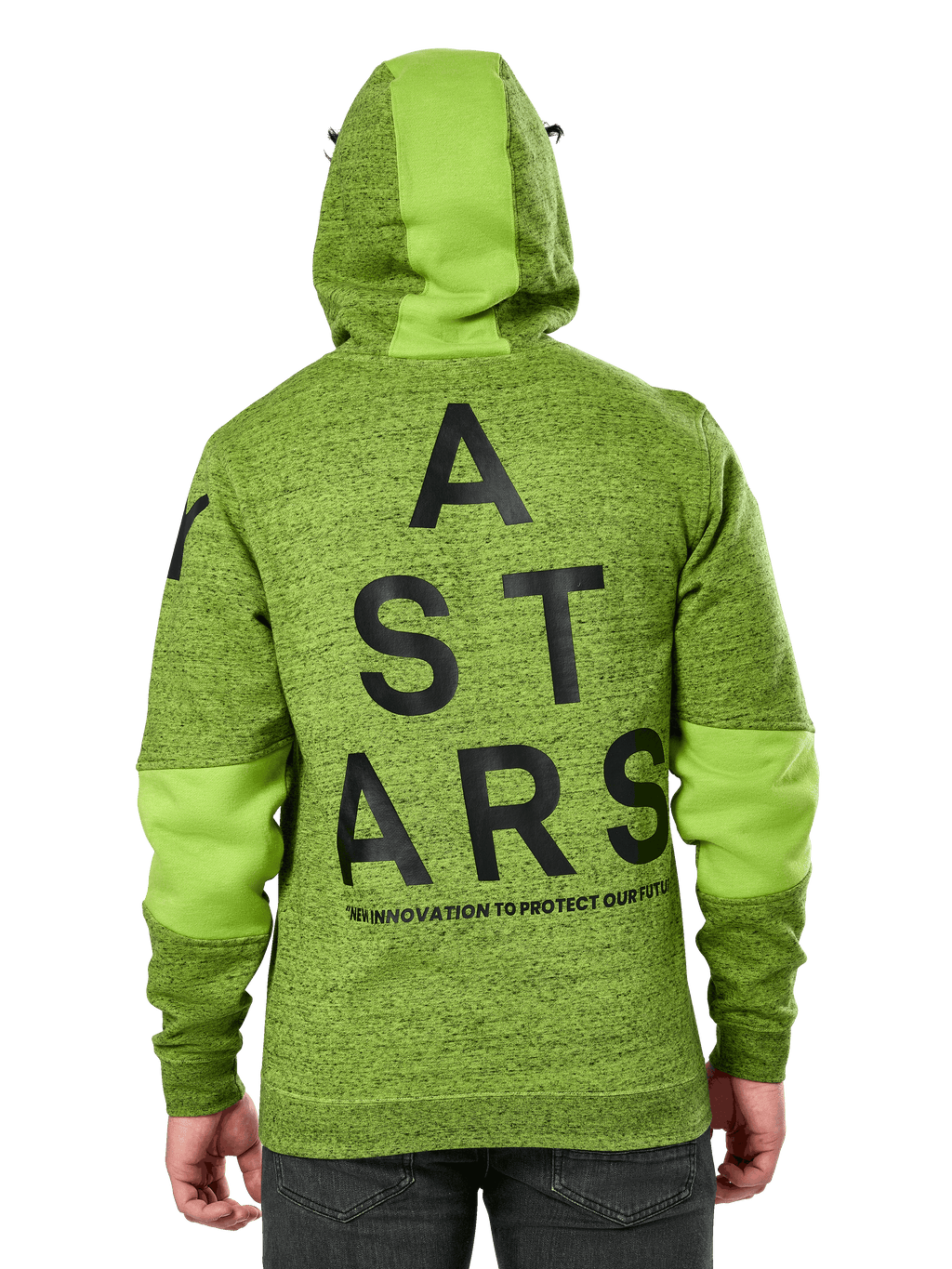 Alpinestars Perpetuate Hoodie, sedd bakifrån, limegrön melerad fleece med enfärgade gröna tygpaneler på huva och ärmar, stor svart ASTARS-grafik på ryggen, avslappnad motorsport-inspirerad streetwear