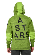 Alpinestars Perpetuate Hoodie, sedd bakifrån, limegrön melerad fleece med enfärgade gröna tygpaneler på huva och ärmar, stor svart ASTARS-grafik på ryggen, avslappnad motorsport-inspirerad streetwear